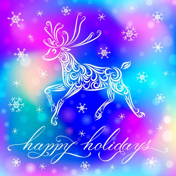 Composition de Noël : rennes, lettrage Joyeuses Fêtes, flocons de neige, fond aurore boréale. Joyeux Noël. Nouvel An. — Image vectorielle