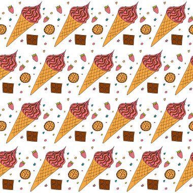 Dondurma külahı koni vektörlü, pürüzsüz desen. Dondurmalı çilek, kurabiyeler ve dikişsiz çikolata..