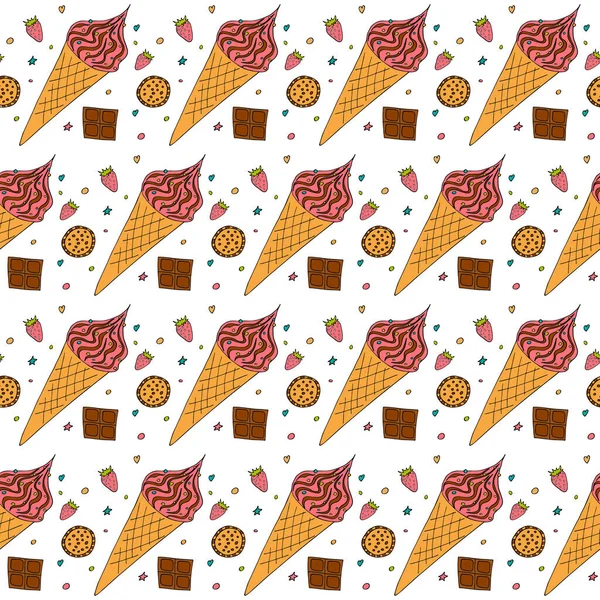 Zmrzlina ve tvaru vaflovacího kužele. Zmrzlina jahoda, sušenky a čokoládová bezešvá textura. — Stockový vektor