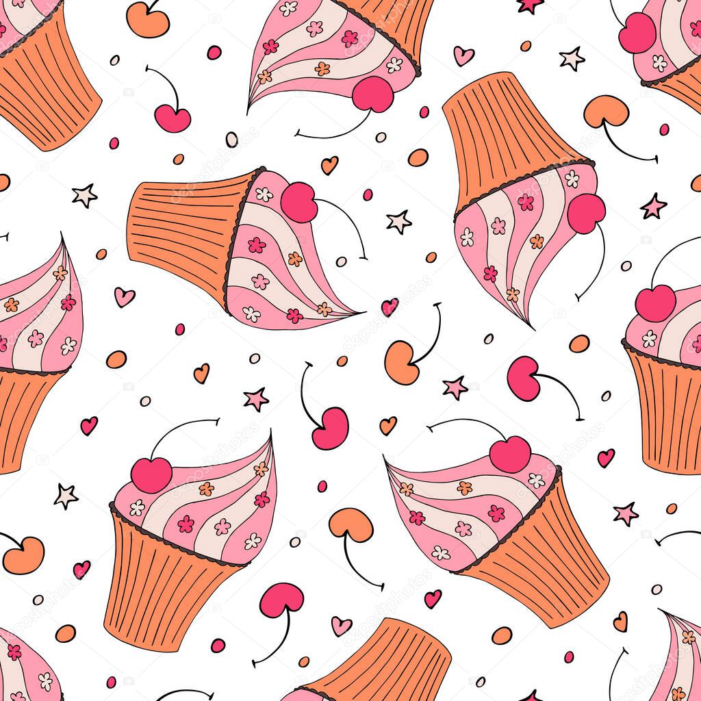 Cupcake with cream and cherry seamless pattern. Fresh bakery seamless texture. Hand drawn. Textile, packaging, wrapping paper, wallpaper design. I