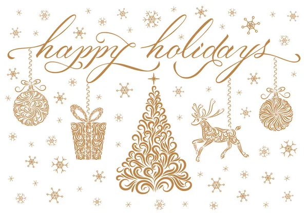 Conception de Noël en or : lettrage joyeux des fêtes, arbre, renne, boule de Noël, cadeau, flocons de neige. Ligne dessin orné. — Image vectorielle