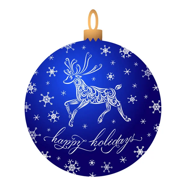 Świąteczna Kulka Kolorze Niebieskim Wzorzystym Reniferem Napisy Happy Holidays Płatki — Wektor stockowy