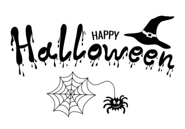 Mutlu Cadılar Bayramı kompozisyonu. Üzerinde yazı, örümcek, örümcek ağı ve cadı şapkası olan bayrak. Kara borsa vektör illüstrasyonu. Beyaz arkaplandaki izole resim.