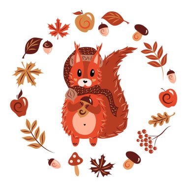 Atkısı ve palamutu olan sıcak şapkalı bir sincap. Sonbahar karakteri. Hayvan, akçaağaç yaprakları, meşe, huş ağacı, elma, yaban mersini. İzole nesneler beyaz arkaplan. Vektör illüstrasyonu.