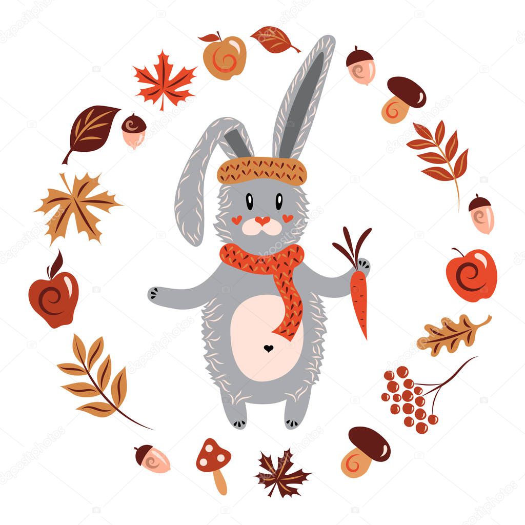 Rabbit in a warm hat with a scarf and a carrot. Autumn character. Animal, yellowed leaves of maple, oak, birch, apples, rowan berries. Isolated objects white background. Vector illustration.