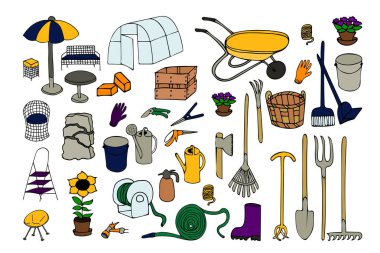 El çizilmiş renkli bahçe takımları ve mobilya seti, doodle