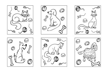 Elle çizilmiş boyama kitabı 'kediler ve köpekler'. Vektör illüstrasyon. Eps 10