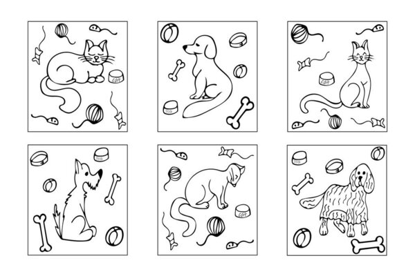 Ручная раскраска "Кошки и собаки". Векторная иллюстрация. EPS 10
