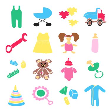 Bebek oyuncakları ve giysi seti. Elle çizilmiş bebek oyuncakları ve kıyafetleri. Vektör illüstrasyon. Eps 10