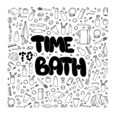 El çizimi poster 'banyo zamanı', karalama tarzı. Vektör çizimi. Eps 10