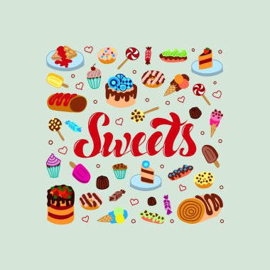 Şekerler. El çizimi kekler, waffle 'lar, şekerler, dondurma, ekler. Vektör çizimi. EPS 10