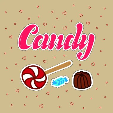 Şekerler. El çizimi şekerler ve harfler. Vektör çizimi. 10 saniye.