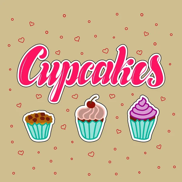 Cupcake Cupcake Disegnati Mano Lettering Illustrazione Vettoriale Punti — Vettoriale Stock