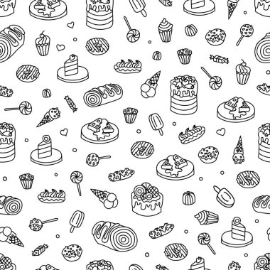 Şekerler, tatlılar, pastalar vb. elle çizilmiş kusursuz desen. Karalama. Vektör çizimi. EPS 10