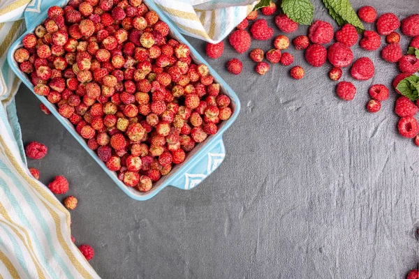 Blauwe schotel van wilde aardbeien met bessen en frambozen en gestreepte Lounge handdoek — Stockfoto