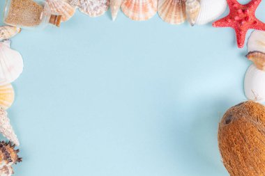 Kabukları çerçeve, mavi bir arka plan üzerinde kum ve hindistan cevizi ile şişe