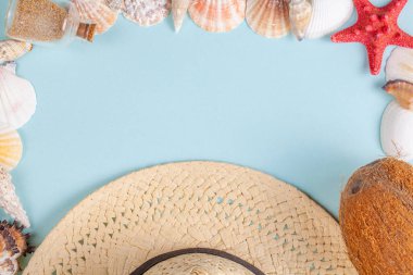 Hindistan cevizi, denizyıldızı, kabukları, hasır şapka ve mavi arka plan üzerinde kum ile şişe