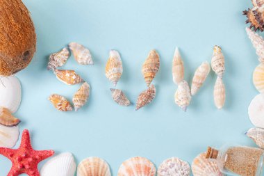 Mavi arka plan üzerine kabuklarla yazılmış güneş kelimesi