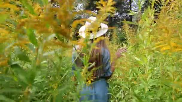 Camminando donna nella foresta con un vestito blu e cappello di paglia — Video Stock