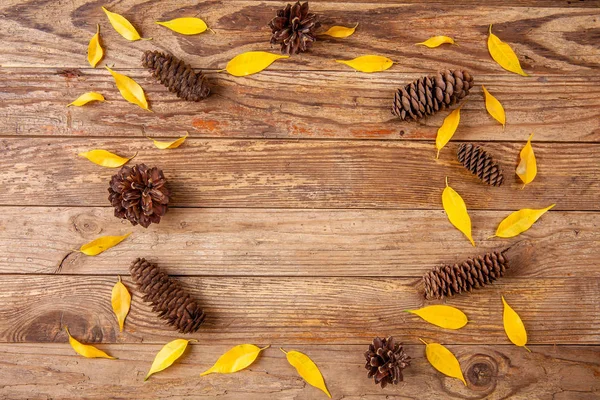 Dennenappels en kleine gele bladeren op houten achtergrond — Stockfoto