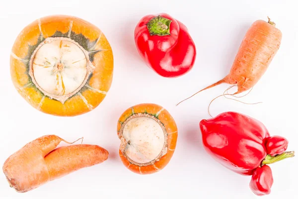 Trendy ugly funny organic farm vegetables with mutations on white background — Stock Photo, Image