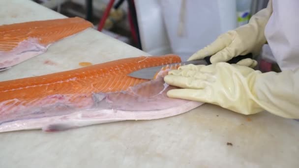 工人手切割清洗鲑鱼片大刀的特写 — 图库视频影像
