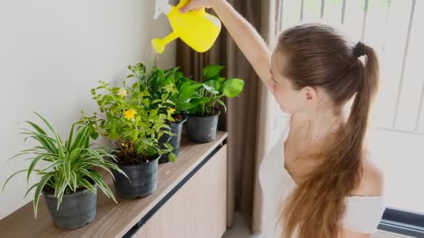 Jovem mulher sorridente derramando de regar pode crescer flores — Vídeo de Stock
