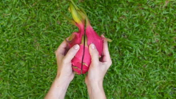 Close-up van de vrouw handen Open twee helften van verse witte Dragon Fruit Pitaya — Stockvideo