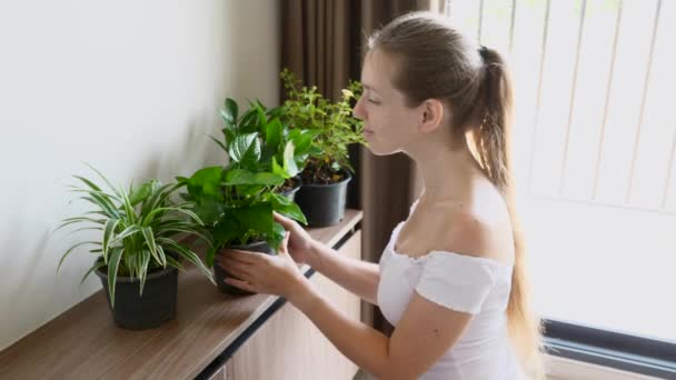 Ung leende kvinna häller från vattning burk växande blommor — Stockvideo