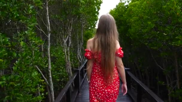Pohled na mladou ženu v červených šatech kráčí po dřevěné stezce mezi zelenými stromy — Stock video