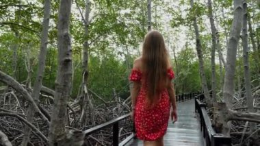 Kırmızı Elbiseli Genç Kadın Yeşil Ağaçlar Arasında Ahşap Yol Üzerinde Yürüyor