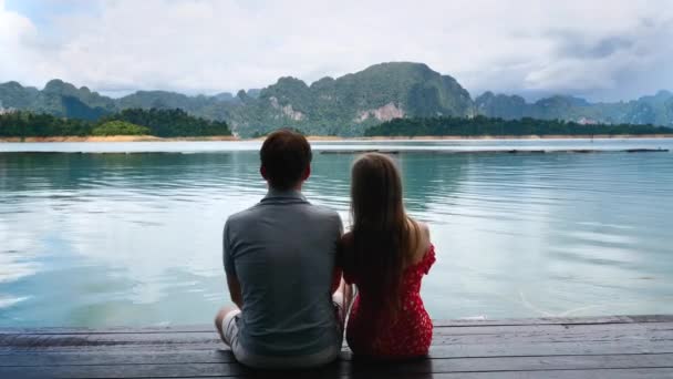 Vista trasera de la feliz pareja romántica sentados juntos en un hermoso paisaje — Vídeos de Stock