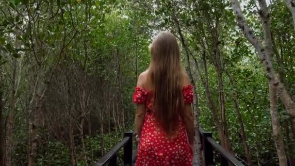 Молодая женщина в красном платье идет по деревянному пути среди зеленых деревьев — стоковое видео