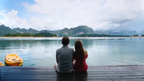 Vista trasera de la feliz pareja romántica sentarse juntos en la fecha de aniversario en la naturaleza — Vídeos de Stock