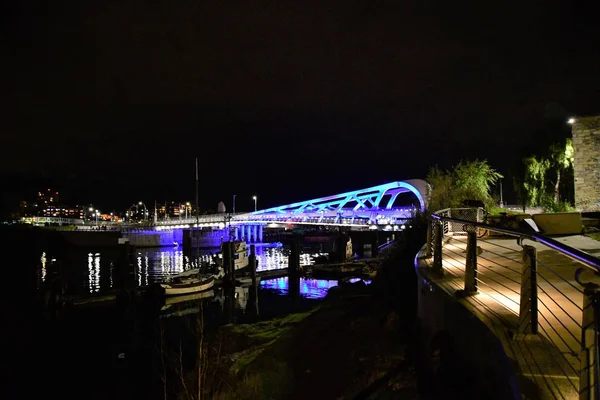 A photo of the illuminated lift bridge at night.    Victoria BC Canada