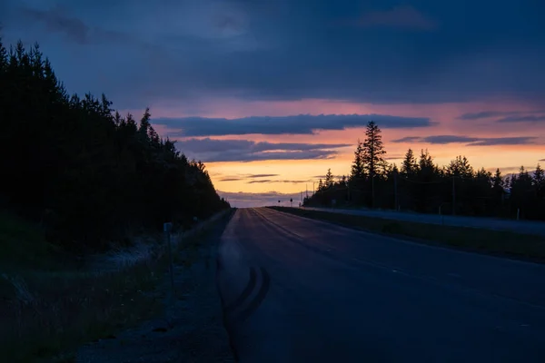 Pusta Wiejska Autostrada Wiecznie Zielone Drzewa Zmierzchu Kanada — Zdjęcie stockowe