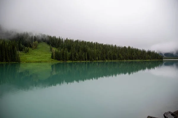 Symmetrisk Bild Träden Reflekteras Ytan Emerald Sjön Yoho Nationalpark Kanada — Stockfoto