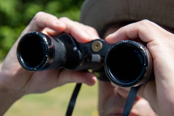 Closeup Binoculars Held Man Vancouver Canada — Stock Photo, Image