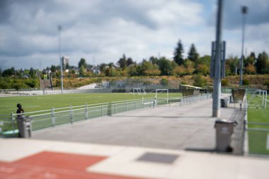 Eğik kayma etkisiyle çekilmiş bazı futbol sahalarının fotoğrafı. Vancouver BC Kanada 