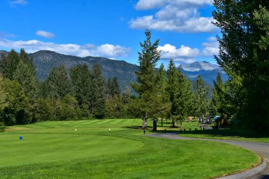 Güzel dağlarla çevrili bir golf sahasının resmi. Whistler BC Kanada