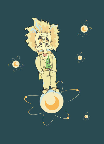 Humorous portrait of Albert Einstein. Sketch on the theme of Albert Einstein and his discovery.