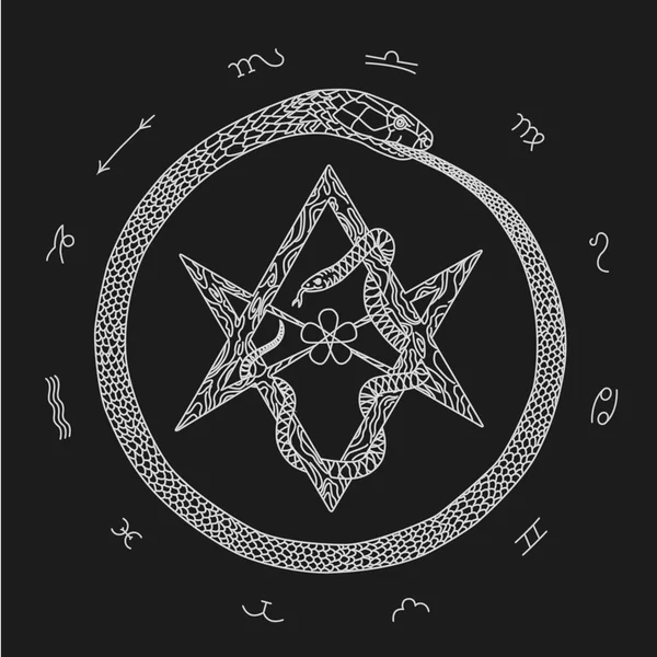 Mystical Ouroboros Zodiacal Circle Contour Image — Stock Vector