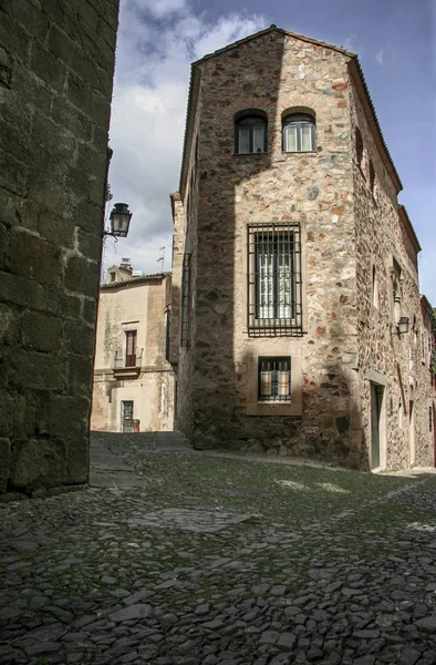 Kamień Bruk Pełne Zielony Mech Starym Caceres Hiszpania — Zdjęcie stockowe