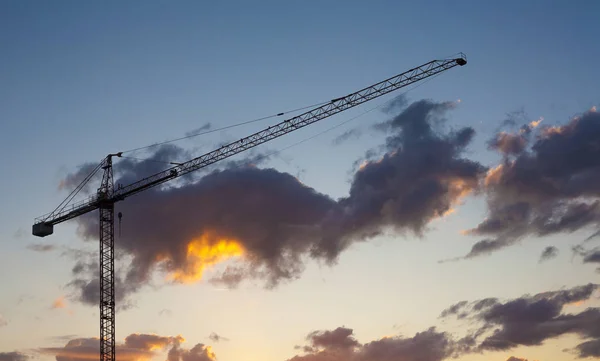 Construction Site Crane Silhouette Sunset Blue Orange Sky — Stock Photo, Image