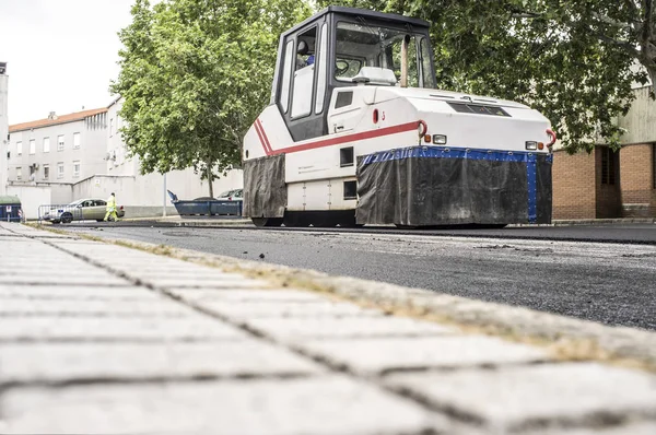 Arbeta Utläggning Asfalt Staden Pneumatiska Däck Roller Maskin Jobbet — Stockfoto