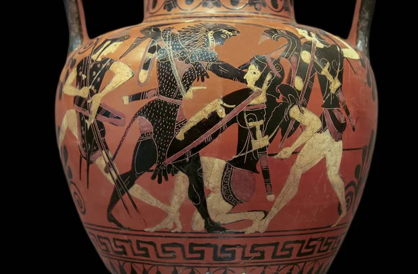 ニューヨーク アメリカ合衆国 2008 古代ギリシャ首アンフォラ ヘラクレスの戦いアマゾンを描いたします 黒の背景に分離 — ストック写真