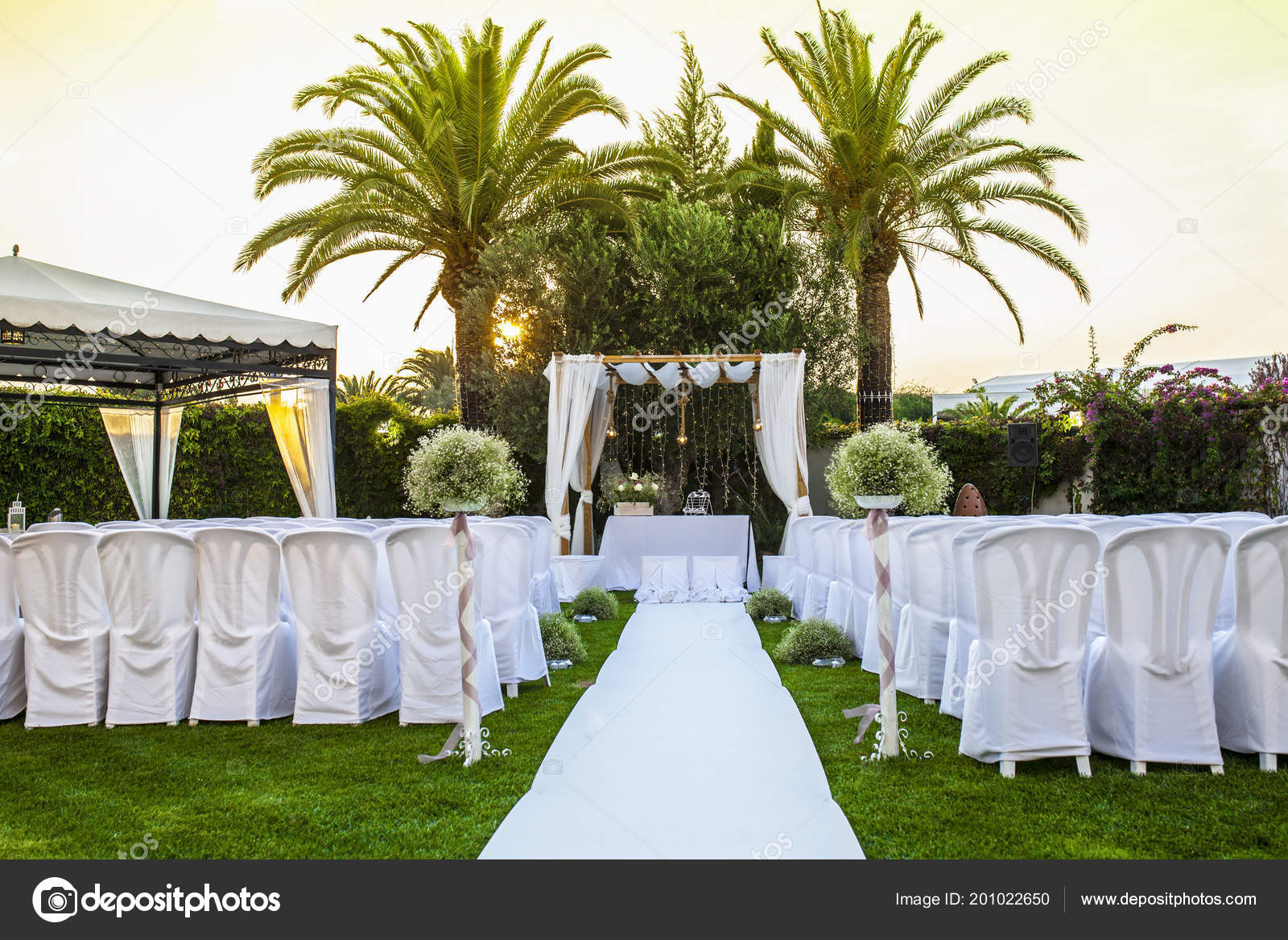 White Carpet Chairs Outdoor Wedding Sunset Light Stock Photo
