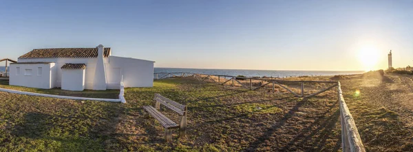 Tradisjonelt Hvitkalket Hus Ved Costa Luz Kysten Matalascanas Huelva Solnedgang – stockfoto