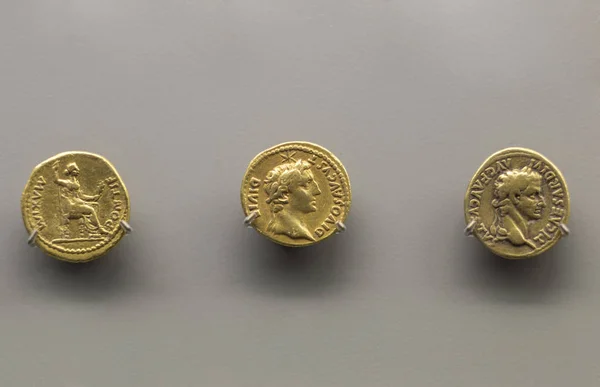 Three Golden Coins Tiberius Emperor Isolated Grey — Stock Photo, Image