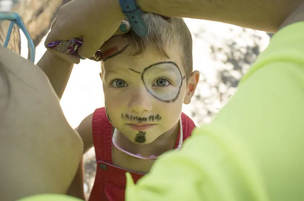 Little Boy Getting Face Painted Outdoors Party Make Artist Uses — Stock Photo, Image